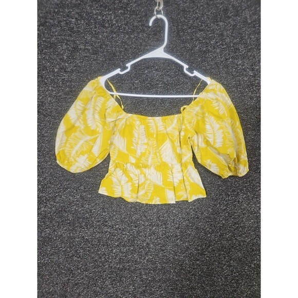 Sim & Sam Women's Top Blouse Puff Sleeve Yellow Floral Small S Crop Cotton NWT - Picture 2 of 8
